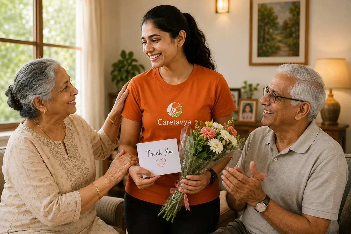 Caretavya care partner arriving at an elderly couple's home in Gurgaon with medical kit