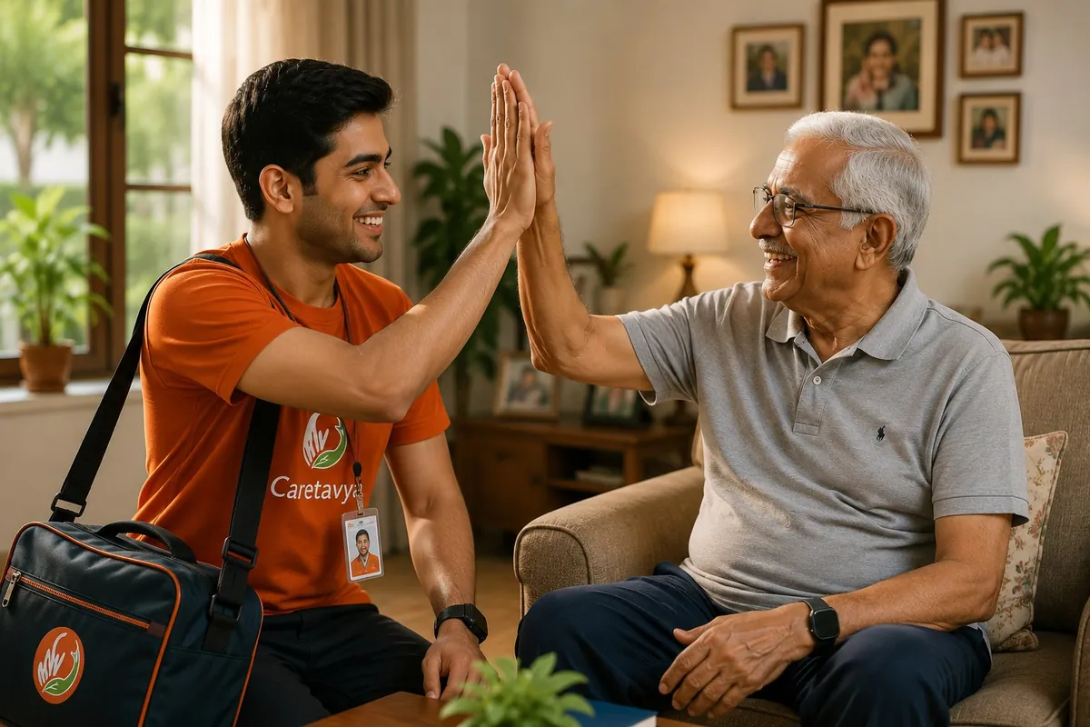 Elderly couple thanking their Caretavya care partner with flowers and a thank-you card