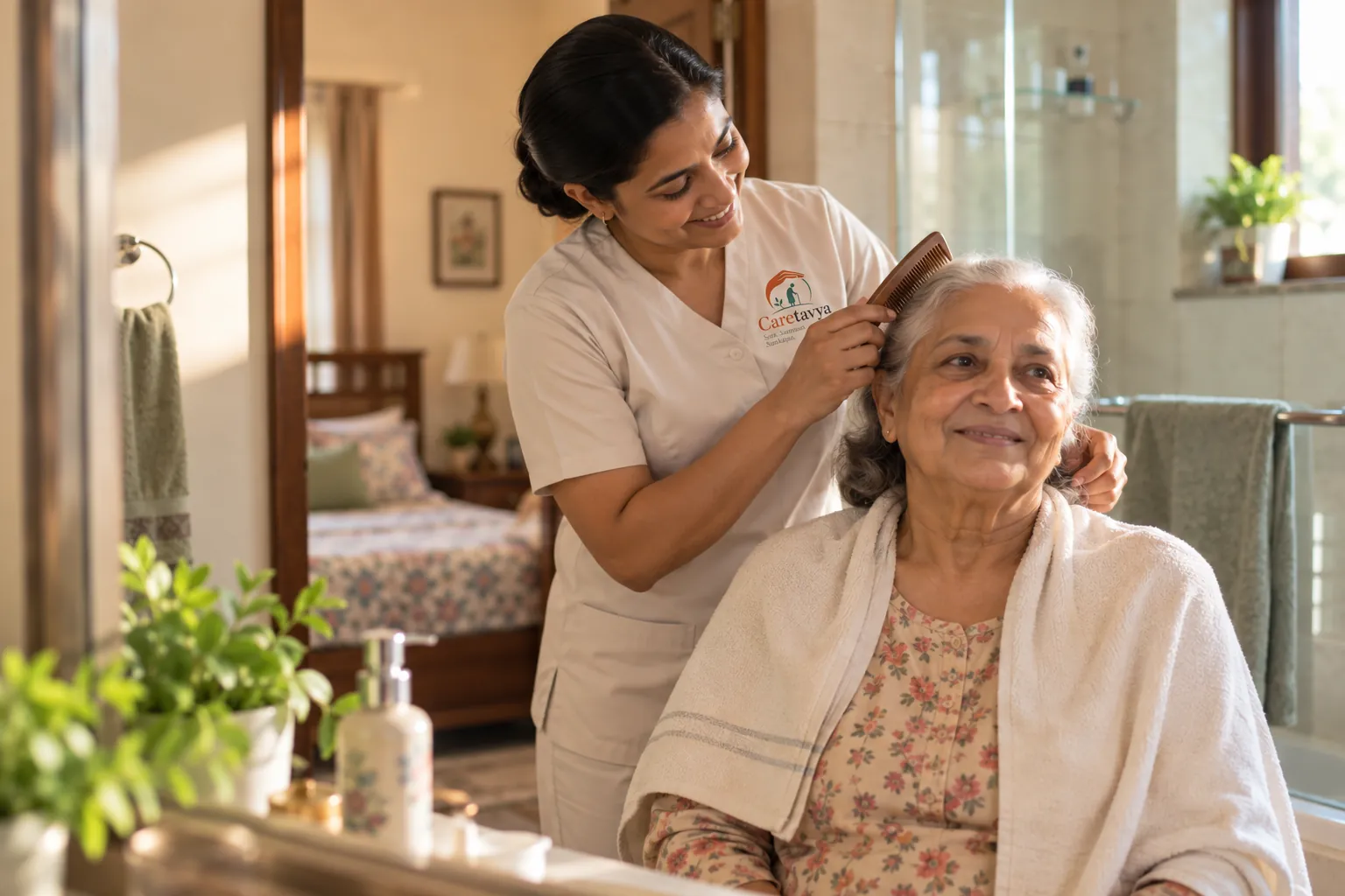 Caretavya caregiver combing an elderly woman's hair at home
