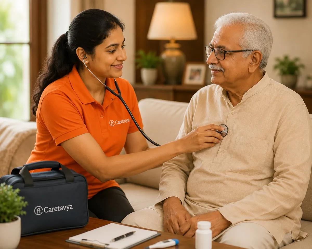 Caretavya nurse providing post-hospitalisation care to an elderly man at home