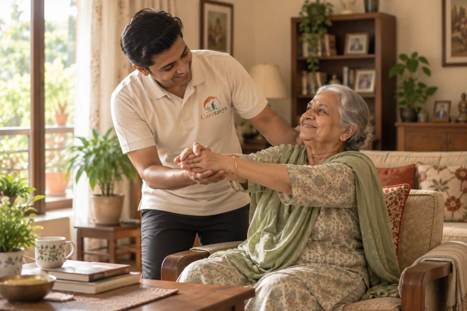 Caretavya caregiver helping an elderly woman with gentle arm exercises
