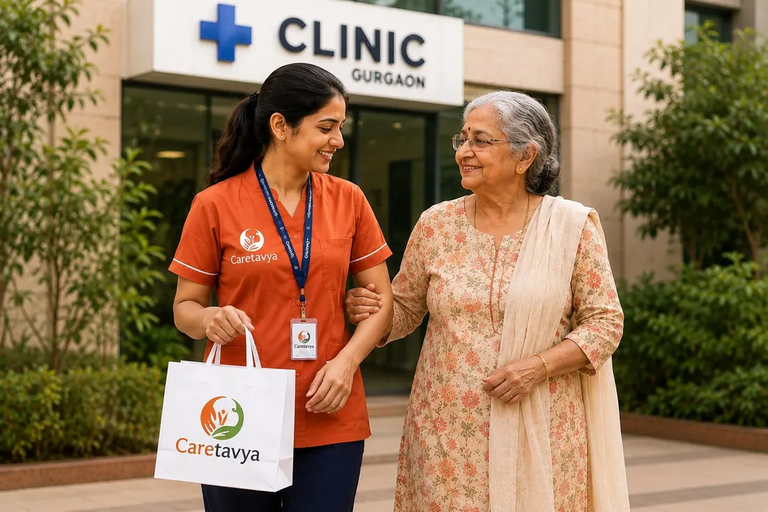 Caretavya nurse walking an elderly woman out of a clinic in Gurugram, carrying her bag
