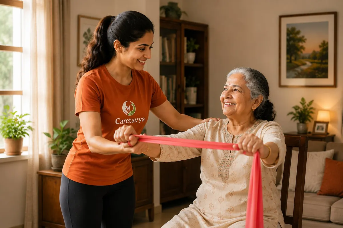 Caretavya trainer guiding an elderly woman through gentle resistance-band exercise at home
