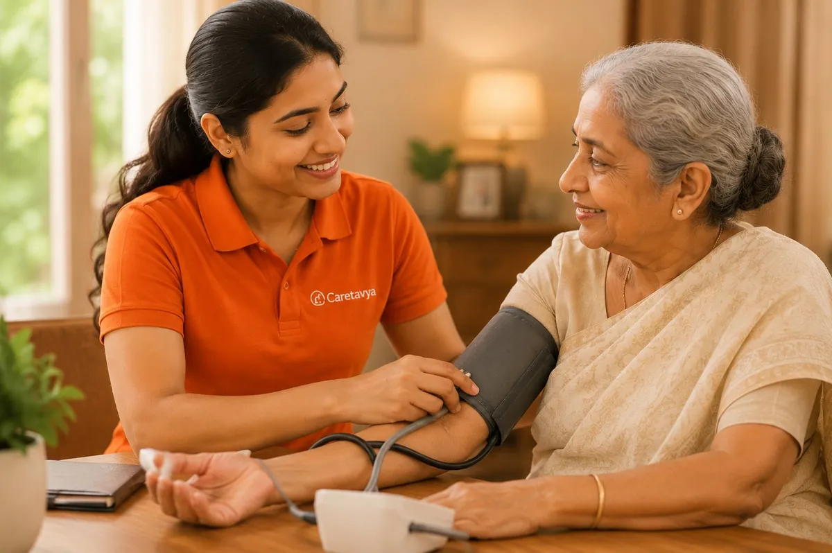 Nurse checking an elderly woman's blood pressure