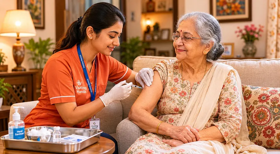 Caretavya home nurse giving an injection to an elderly woman seated comfortably at home