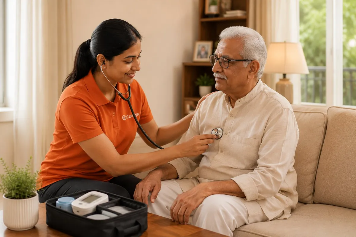 Caregiver supporting an elderly man's recovery at home