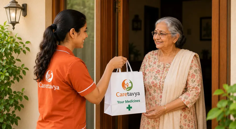 Caretavya caregiver handing a medicines bag to an elderly woman at her door