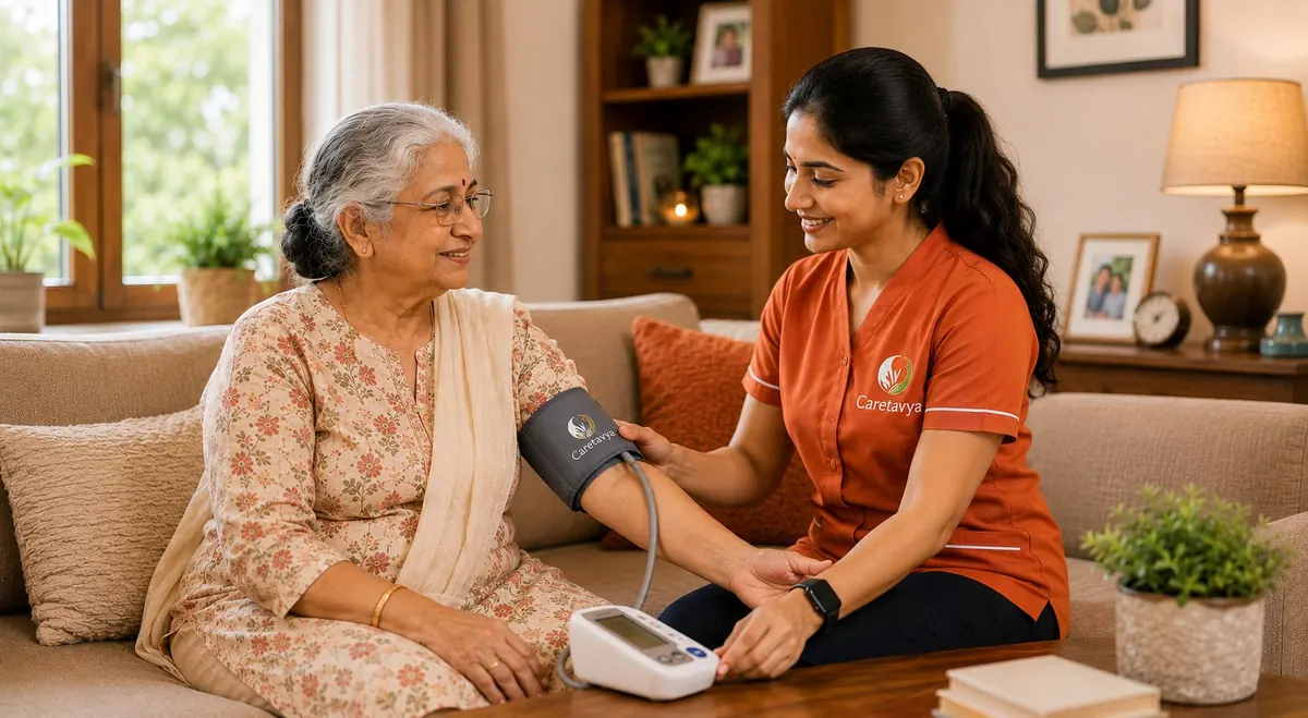 Caretavya caregiver gently checking an elderly woman's blood pressure at home